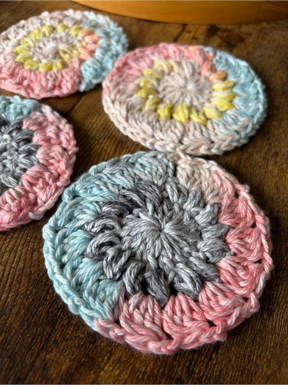 Hand Crafted Pastel Crochet Round Coasters in Pink, Blue, Gray, Cream